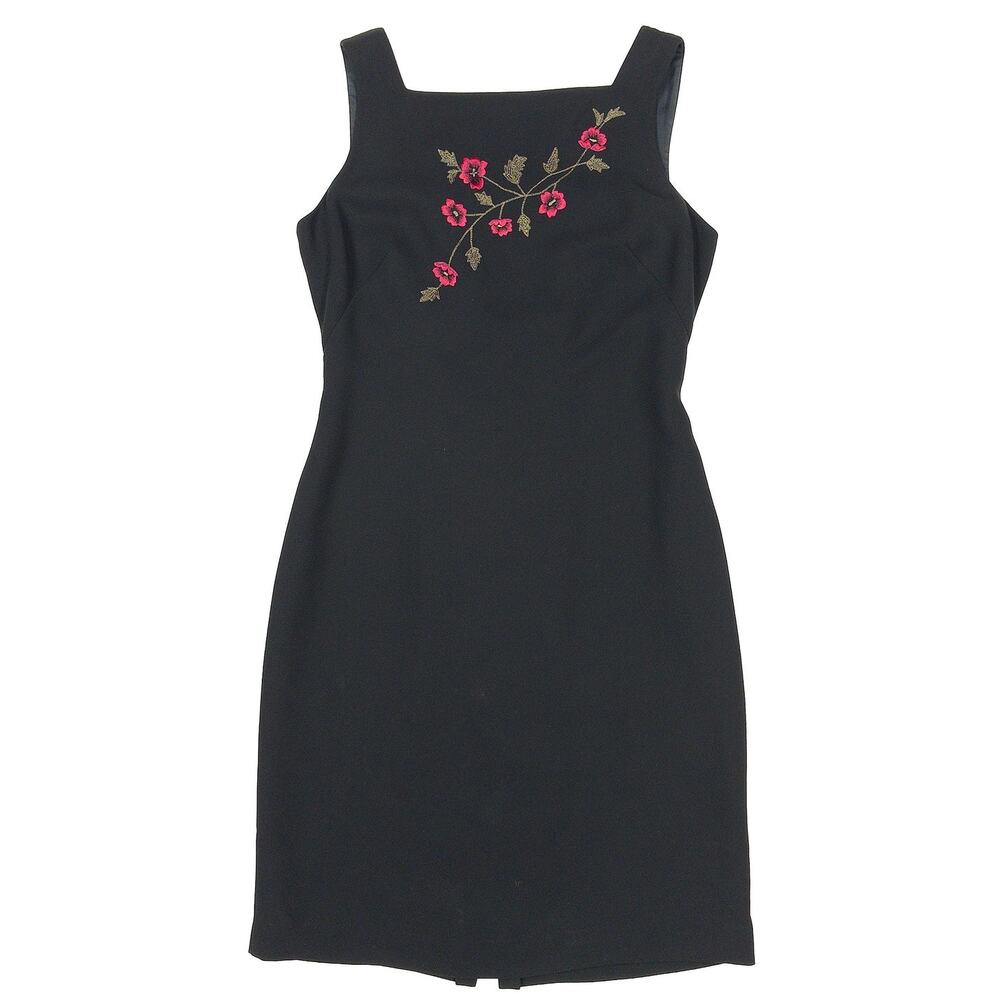 Y2K Floral Embroidered Sheath Dress Sz 2 VTG Casual Corner Black LBD Cocktail
